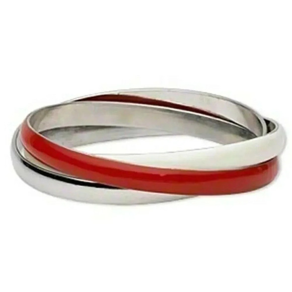 Set of 3 Interlocking Retro Pretty Woman Bangle Bracelets Red White & Silver - Picture 1 of 1